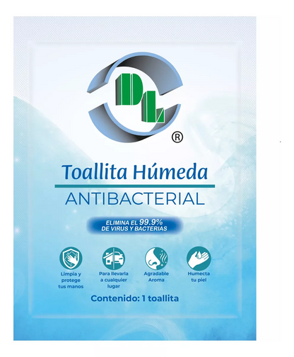 Toallitas húmedas antibacteriales individuales. Caja con 100 sobres. Limpia con agradable aroma, humecta la piel.
