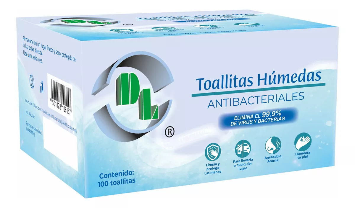 Toallitas húmedas antibacteriales individuales. Caja con 100 sobres. Limpia con agradable aroma, humecta la piel.
