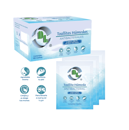 Toallitas húmedas antibacteriales individuales. Caja con 100 sobres. Limpia con agradable aroma, humecta la piel.