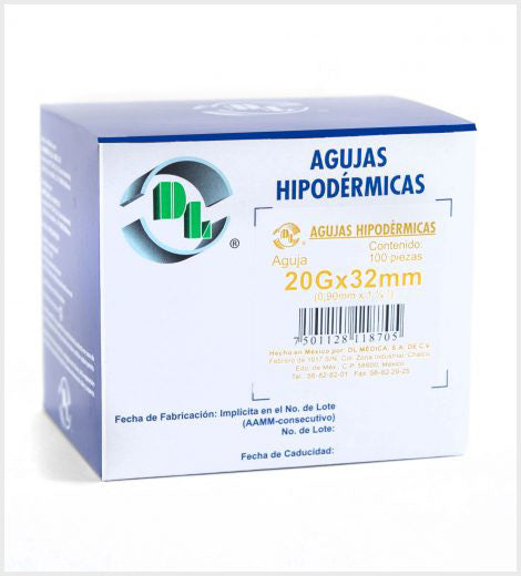 Agujas Hipodérmica DL calibre 20G x 32mm Caja 100 piezas