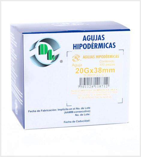 Aguja Hipodérmica calibre 20G x 38mm marca DL