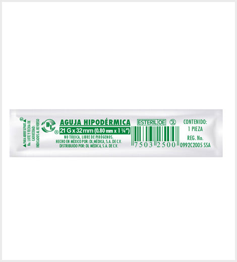 Agujas Hipodérmica DL calibre 21G x 32mm Caja 100 piezas