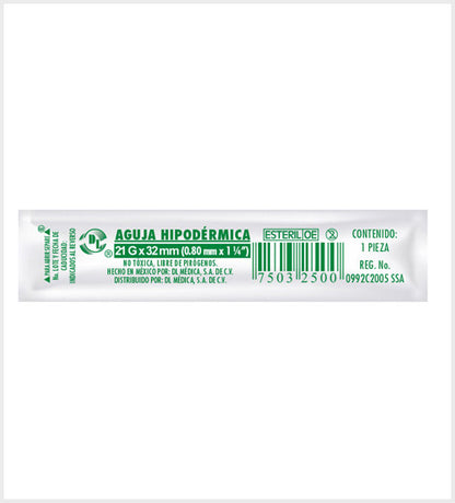 Agujas Hipodérmica DL calibre 21G x 32mm Caja 100 piezas