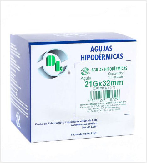 Aguja Hipodérmica calibre 21G x 32mm marca DL