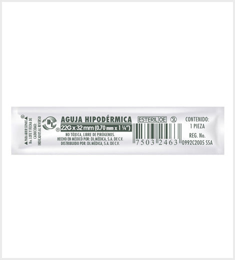 Agujas Hipodérmica DL calibre 22G x 32mm Caja 100 piezas