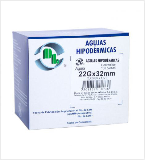 Aguja Hipodérmica calibre 22G x 32mm marca DL