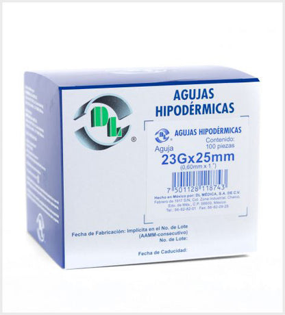Agujas Hipodérmica DL calibre 23G x 25mm Caja 100 piezas