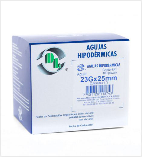 Agujas Hipodérmica DL calibre 23G x 25mm Caja 100 piezas