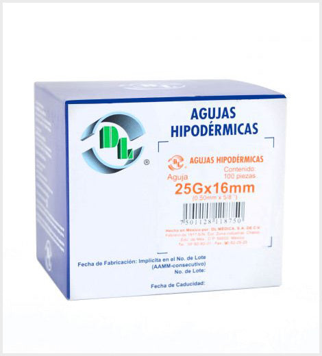 Agujas Hipodérmica DL calibre 25G x 16mm Caja 100 piezas