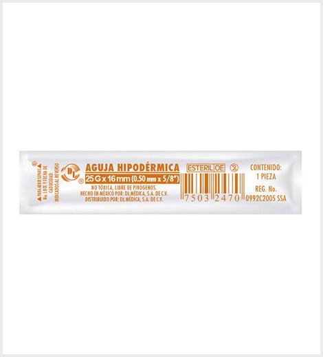 Agujas Hipodérmica DL calibre 25G x 16mm Caja 100 piezas