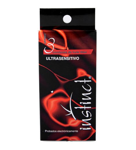 Condones Instinct Caja con 12 carteras con 3 piezas cada una.