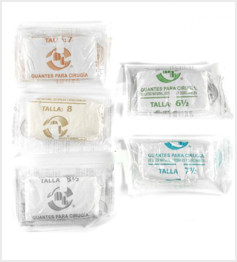 Guantes Para Cirugía de Hule Latéx natural Estériles y Desechables Bajos en Polvo tallas: 6.5, 7.0, 7.5, 8.0, 8.5. caja con 100 pares