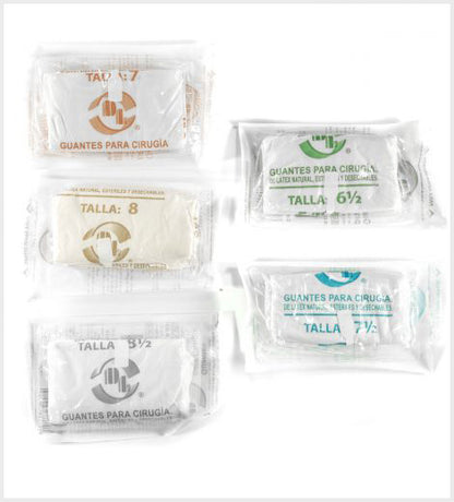 Guantes Para Cirugía de Hule Latéx natural Estériles y Desechables Bajos en Polvo tallas: 6.5, 7.0, 7.5, 8.0, 8.5. caja con 100 pares