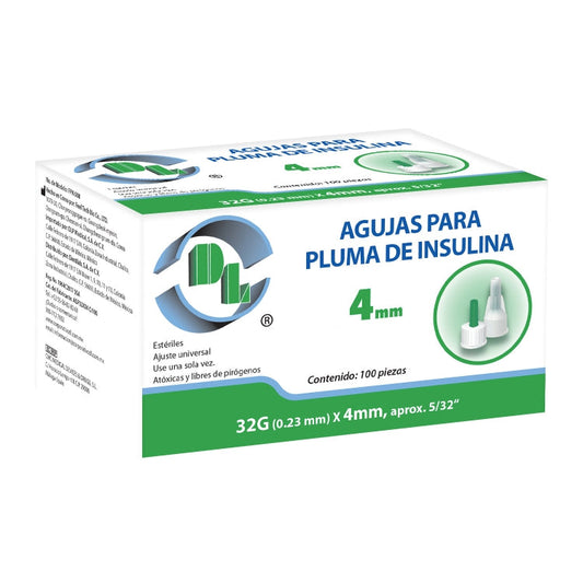 Agujas para pluma de insulina 32G X 4mm caja 100 piezas