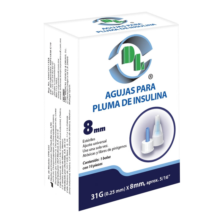 3x1 Agujas para pluma de insulina DL 31Gx8mm. 3 Cajas con 10 piezas cada una.