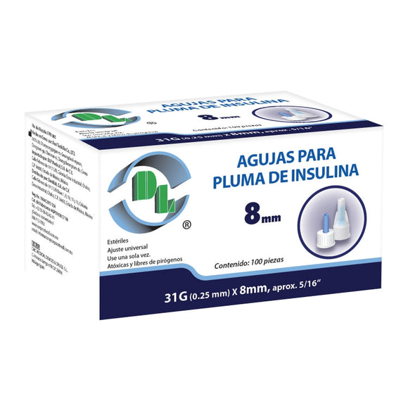 Agujas para pluma de insulina 31G X 8mm caja 100 piezas